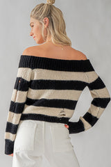 Off Shoulder Stripe Rip Sweater