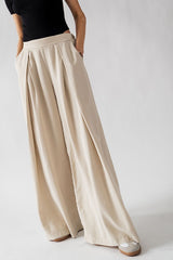 High Waisted Pleat Wide Leg Pants (Denim, Taupe)