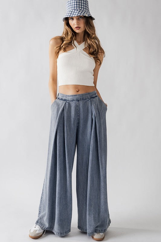 High Waisted Pleat Wide Leg Pants (Denim, Taupe)
