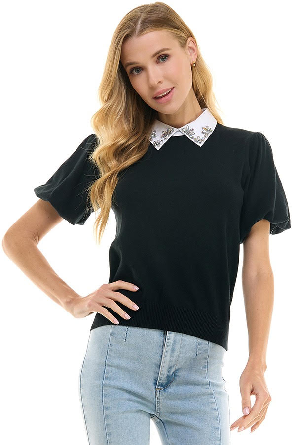 Contrast Collar Sweater Top (Black, Kelly Green)