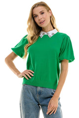 Contrast Collar Sweater Top (Black, Kelly Green)