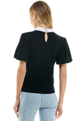 Contrast Collar Sweater Top (Black, Kelly Green)