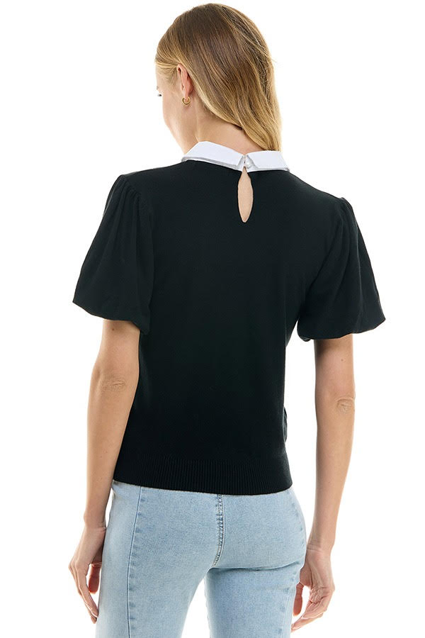 Contrast Collar Sweater Top (Black, Kelly Green)