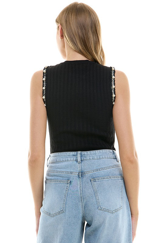 Sweater Tank With Pearls (Black, Ivory)