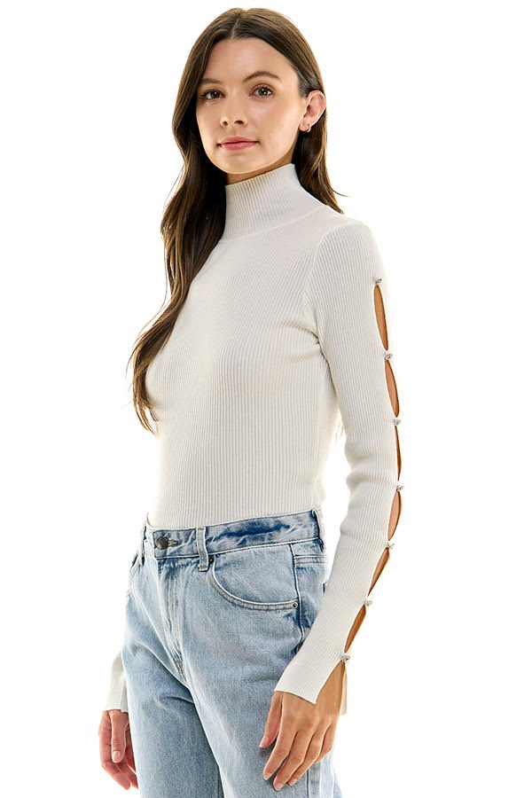 Cutout Sleeves Embellished Sweater (Black, Pink, White)