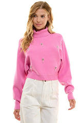 Embellished Turtleneck Sweater (Ivory, Pink)