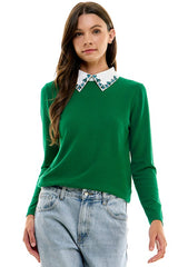 Rhinestone Collar Sweater (Berry, Emerald, Grey)
