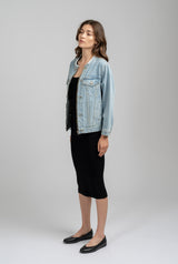 Raw-Edge Neckline Vintage Denim Jacket