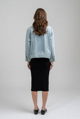 Raw-Edge Neckline Vintage Denim Jacket