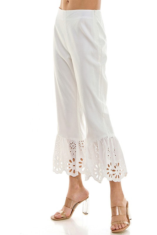 Flower Eyelet Pleated Hem Pants