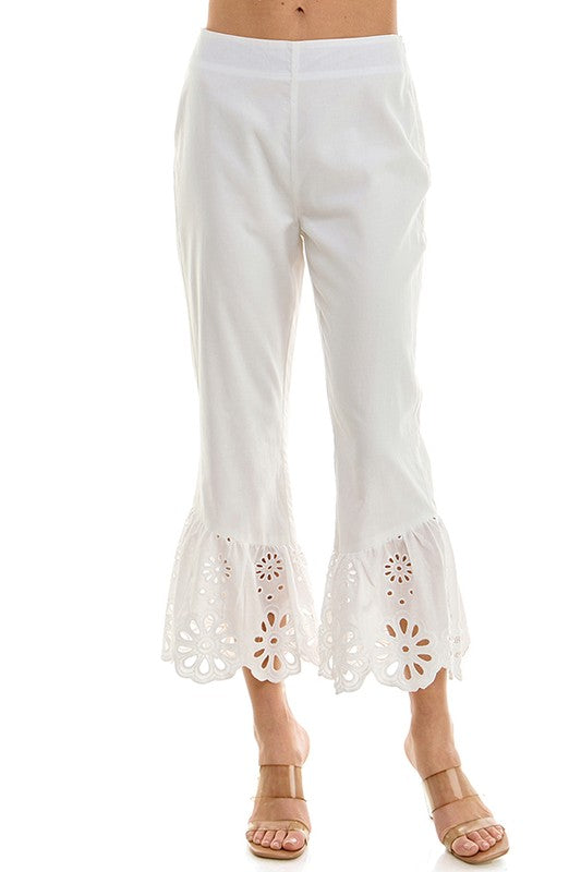 Flower Eyelet Pleated Hem Pants