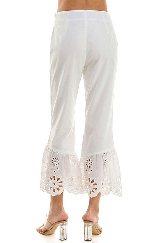 Flower Eyelet Pleated Hem Pants