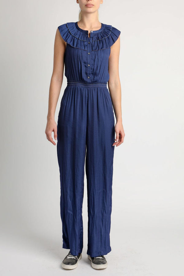 Navy Ruffled Collar Jumpsuit