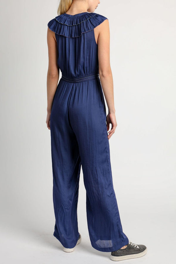 Navy Ruffled Collar Jumpsuit