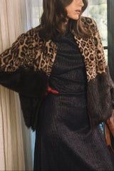 Leopard Print Color Block Faux Fur Jacket