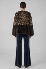 Leopard Print Color Block Faux Fur Jacket