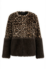 Leopard Print Color Block Faux Fur Jacket
