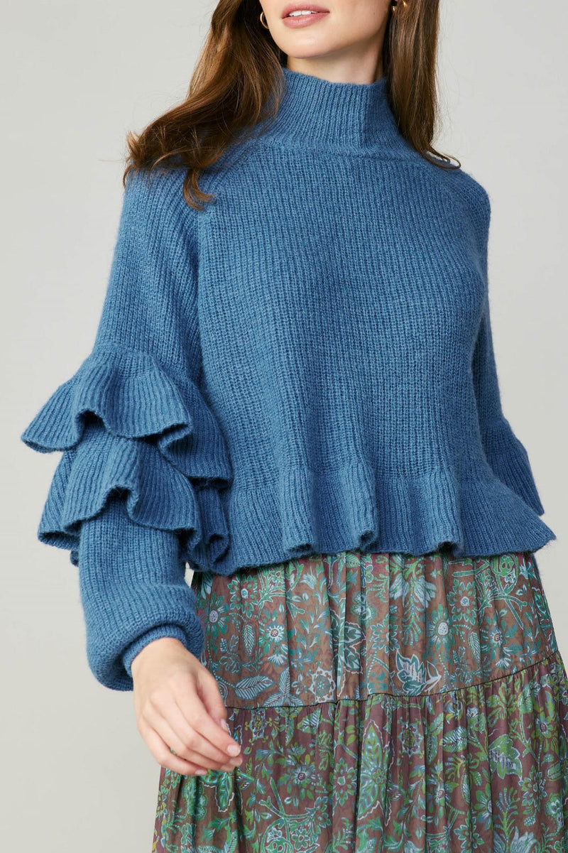 Long Sleeve Mock Neck Sweater (Blue, Latte)