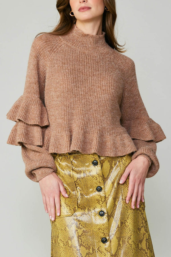 Long Sleeve Mock Neck Sweater (Blue, Latte)