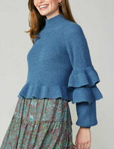 Long Sleeve Mock Neck Sweater (Blue, Latte)