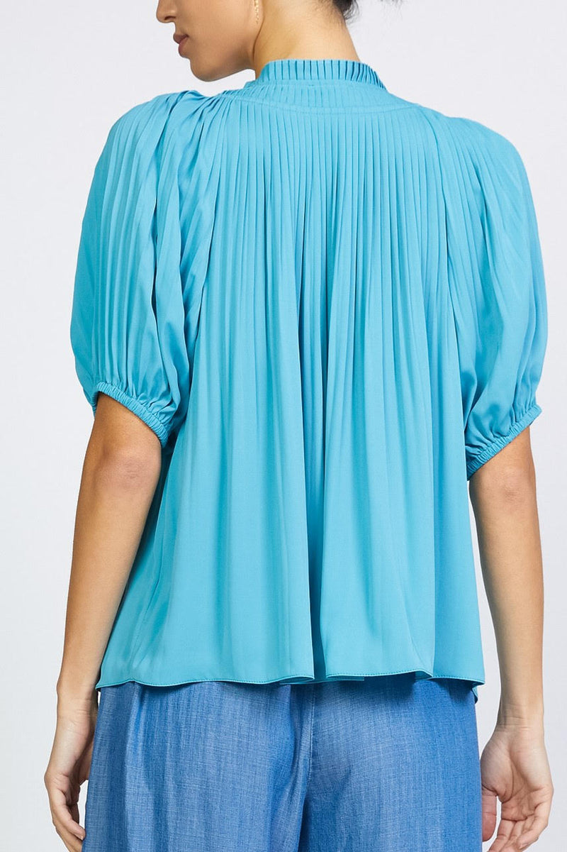 Split Neck Pleated Top (Coral or Blue, Available in XL)