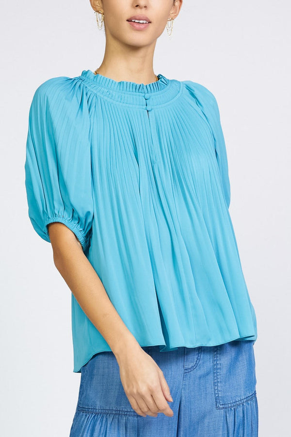 Split Neck Pleated Top (Coral or Blue, Available in XL)