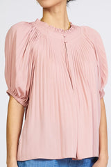 Split Neck Pleated Top (Coral or Blue, Available in XL)