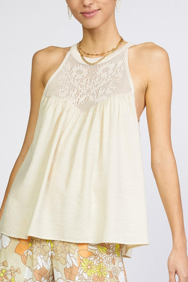 Halter Crochet Contrast Blouse (Black or Linen)