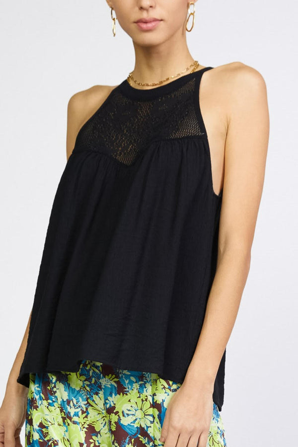 Halter Crochet Contrast Blouse (Black or Linen)