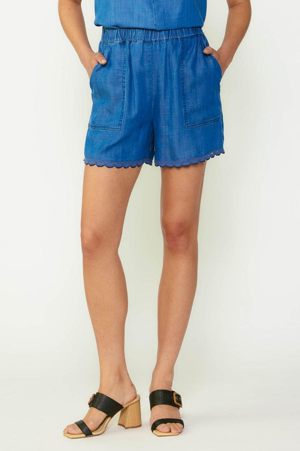 Chambray Lace Trim Elastic Waist Shorts