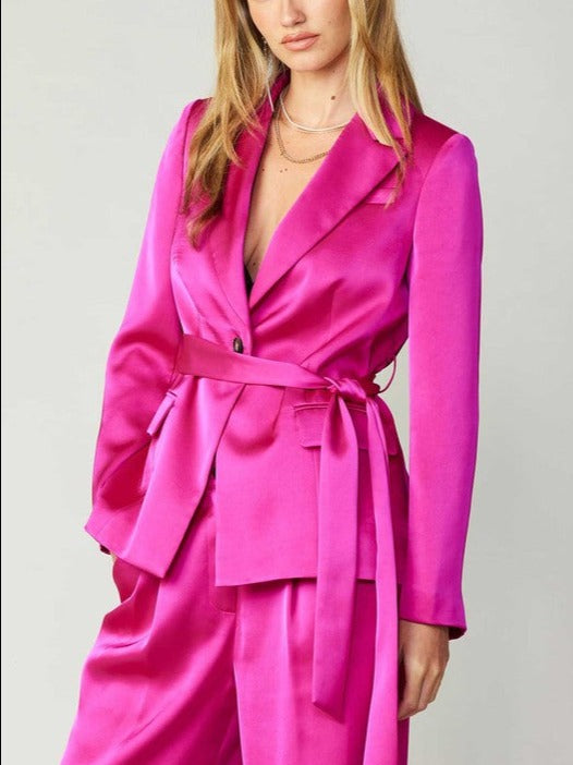 One Button Belted Jacket (Black, Fuchsia)