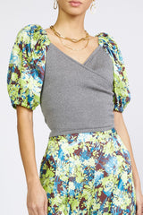 Contrast Sleeve Wrap Top
