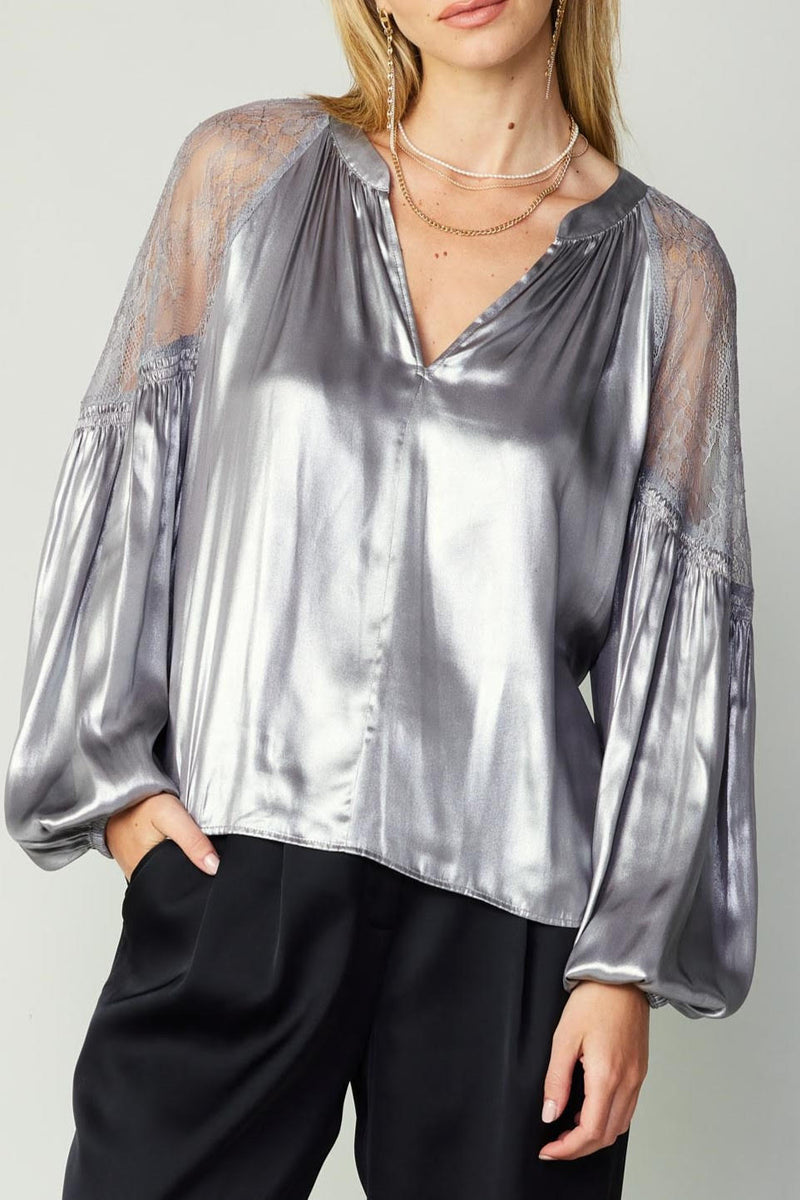 Silver Split Neck Blouse