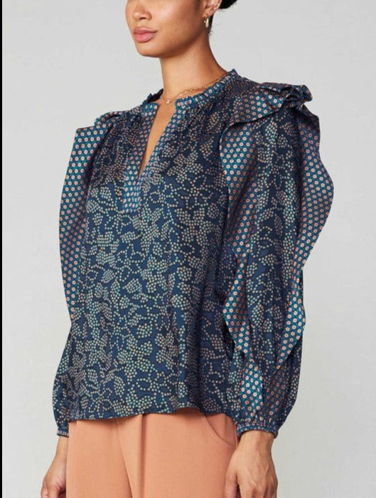 Navy Multi Floral Ruffled Blouse