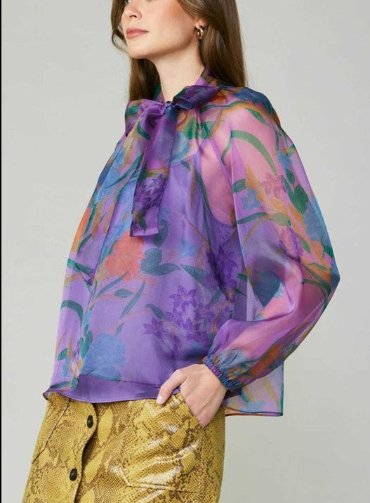 Floral Organza Ribbon Tie Blouse