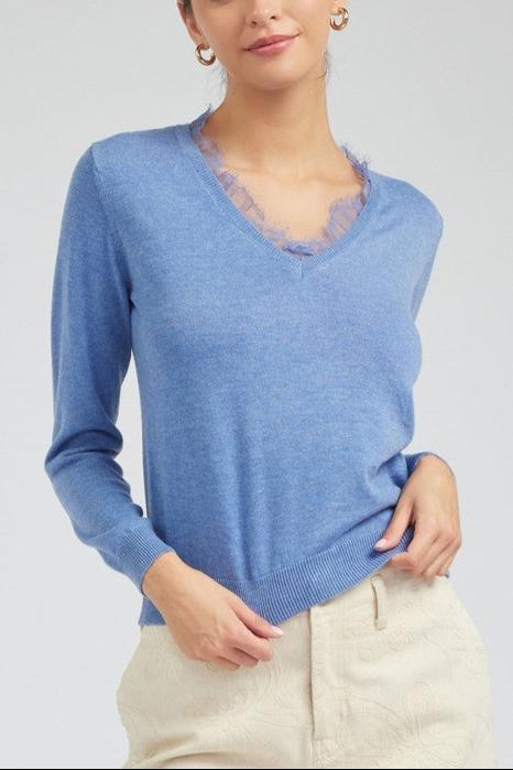 Long-Sleeve V-Neck Sweater with Lace Detail (2 Color Ways)