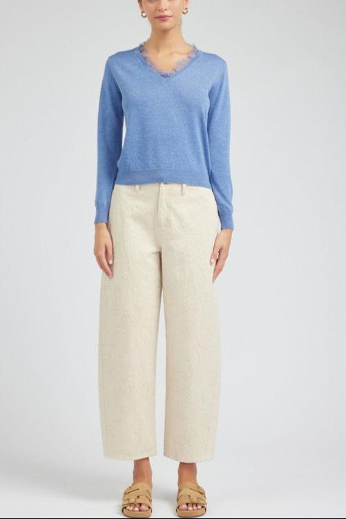 Long-Sleeve V-Neck Sweater with Lace Detail (2 Color Ways)