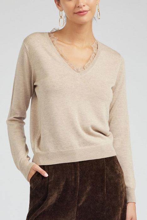 Long-Sleeve V-Neck Sweater with Lace Detail (2 Color Ways)
