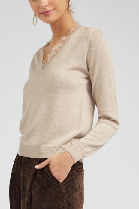 Long-Sleeve V-Neck Sweater with Lace Detail (2 Color Ways)