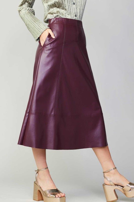 Burgundy Pu Midi Skirt