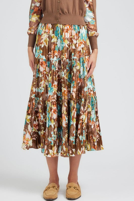 Pleated 3-Tiered Long Skirt in Brown Floral Print
