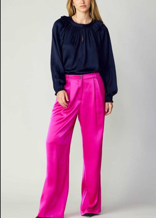 Buttoned Silky Pants (Black, Fuchsia)