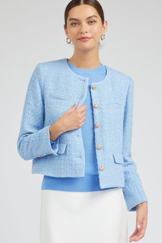 Long-Sleeve Round Neck Tweed Jacket
