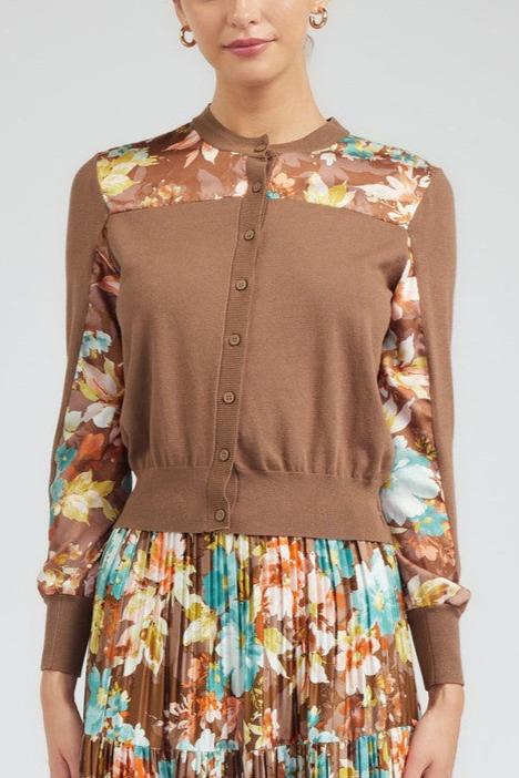 Long-Sleeve Round Neck Button-Down Woven Combo Cardigan
