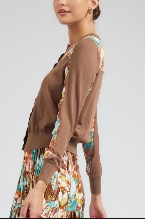 Long-Sleeve Round Neck Button-Down Woven Combo Cardigan