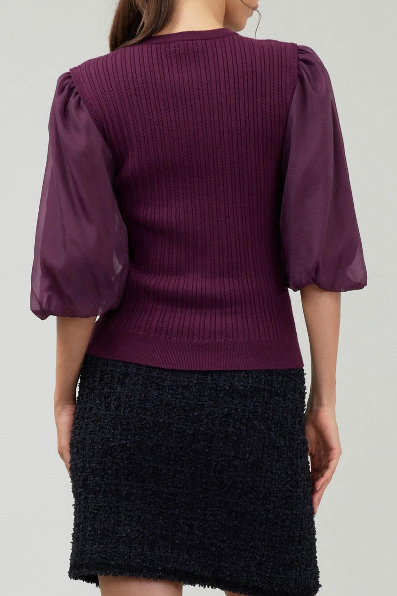 3/4 Organza Sleeve Woven Combo Sweater