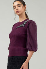 3/4 Organza Sleeve Woven Combo Sweater