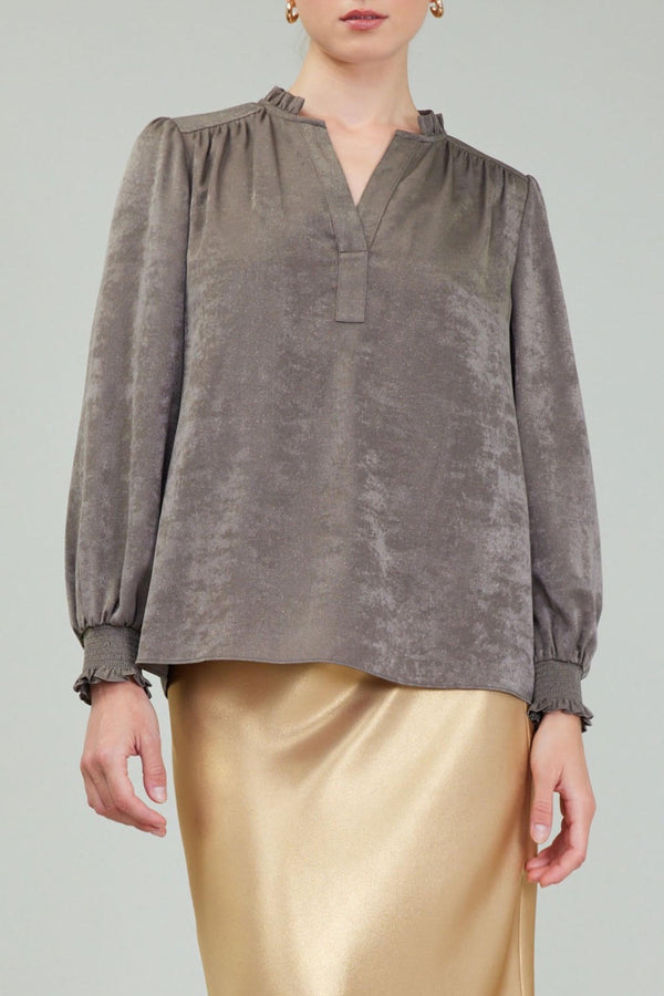 Long-Sleeve Ruffled Split Neck Blouse