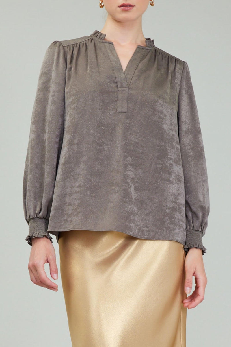 Long-Sleeve Ruffled Split Neck Blouse