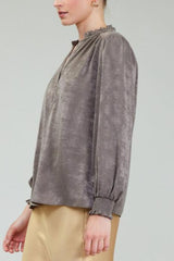 Long-Sleeve Ruffled Split Neck Blouse
